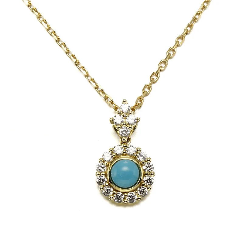 

Fancy 9K Pure Real Yellow Gold Natural Turquoise Crystal Pendant Necklace for Women Female Girl Upscale Clavicular Jewelry Gift