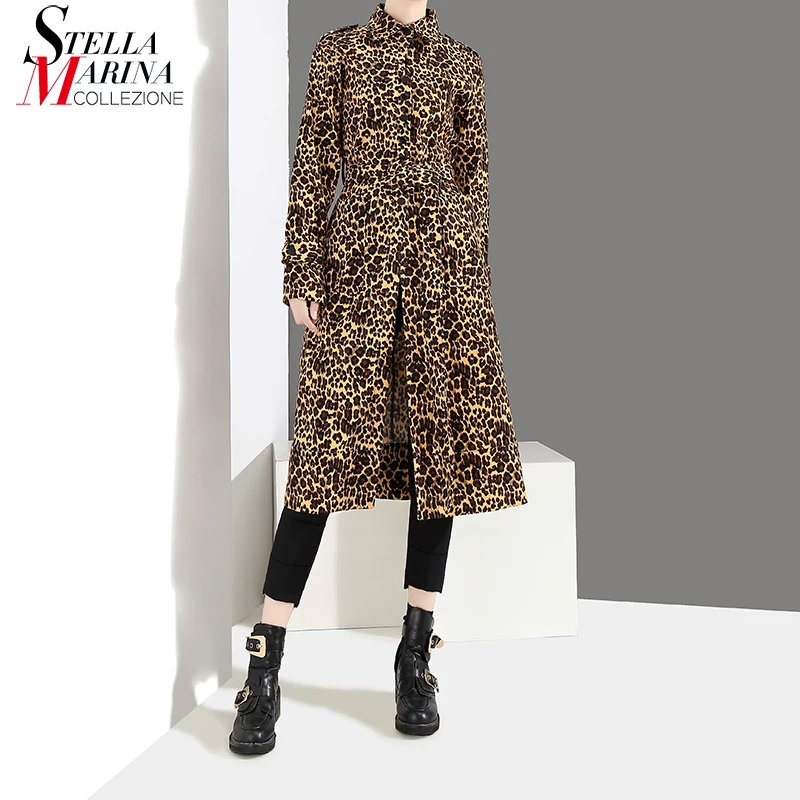 Новинка 2018 г. корейский стиль Для женщин зима Leopard длинный плащ с лацканами