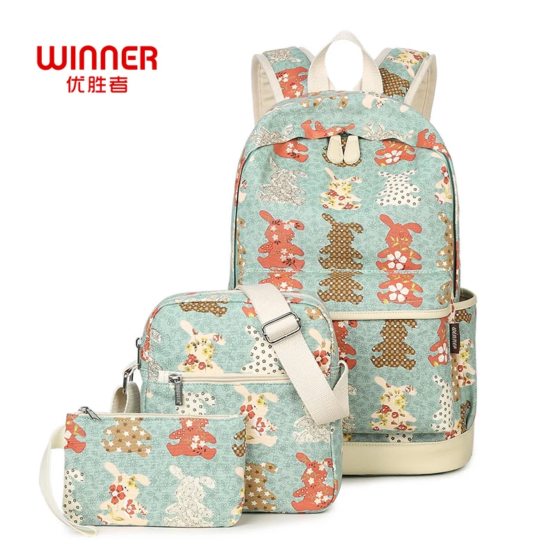 WINNER 3pcs Set Women Canvas Backpack Rabbit Pattern Printing Backpack Schoolbag Bagpack Female School Bag for