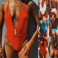 2019 Новый Одна деталь женский купальник-монокини одноцветное Trikini сексуальный пляжный купальник костюм Женская пляжная одежда Phaixoneible