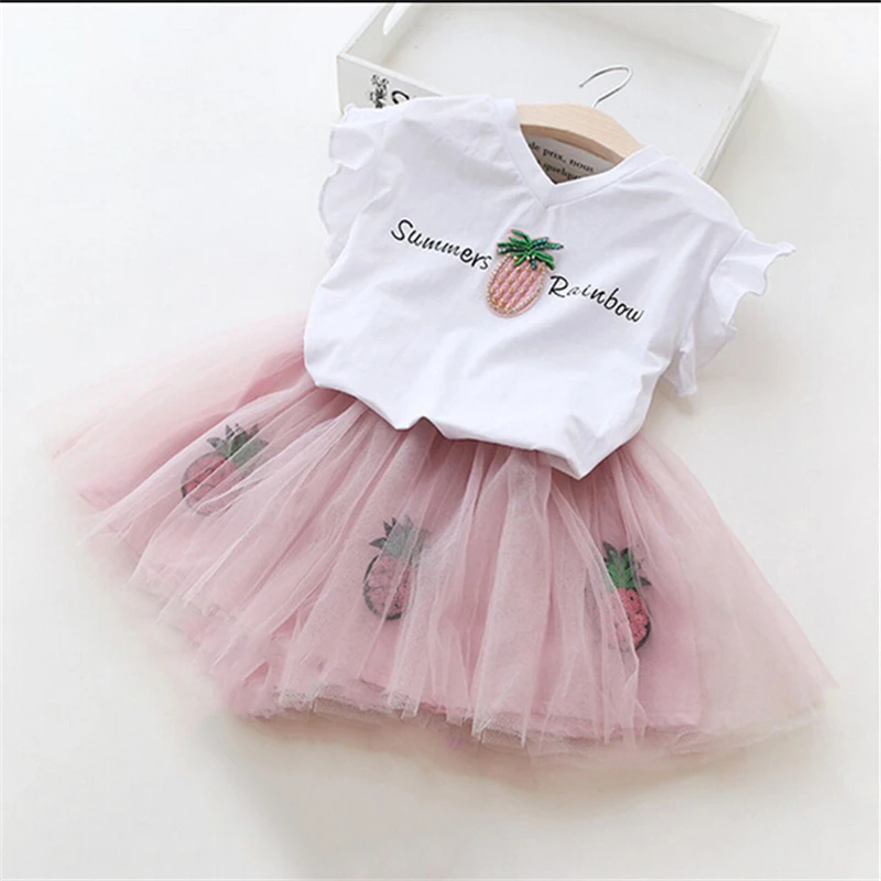 

Summer embroidery pineapple baby flying sleeve tee + sequin tutu skirt girls 2 pcs set kid suit children clothes