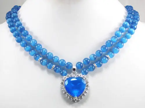 

dubai turkish african beads jewelry set Natural 2 rows 8mm blue opal pendant necklace Quartz Fine women