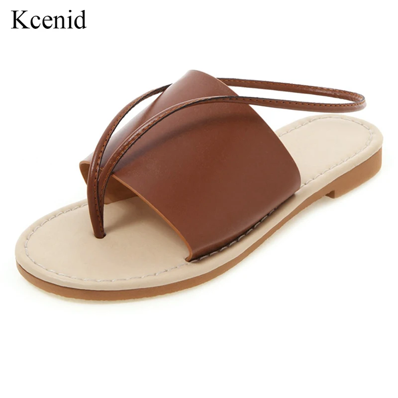 

Kcenid New PU leather flipflops sandale women comfortable flat sandals summer beach shoes women big size 34-50 brown black white