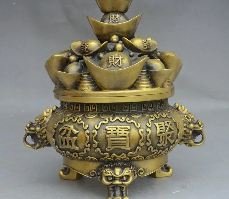 

11" Chinese Bronze Dragon lion Head Statue Treasure Bowl Incense Burner Censer