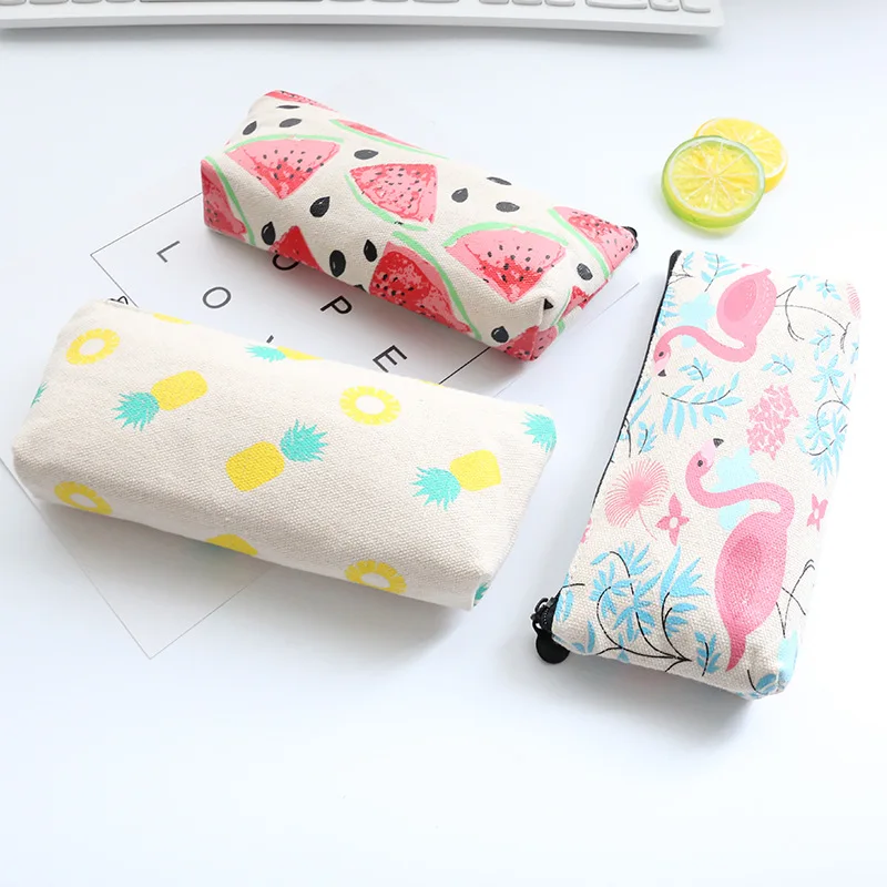 

Fresh Summer Style Watermelon pineapple Flamingos Canvas Pen Pencil Bag Storage Bag Student Stationery Kids Gift
