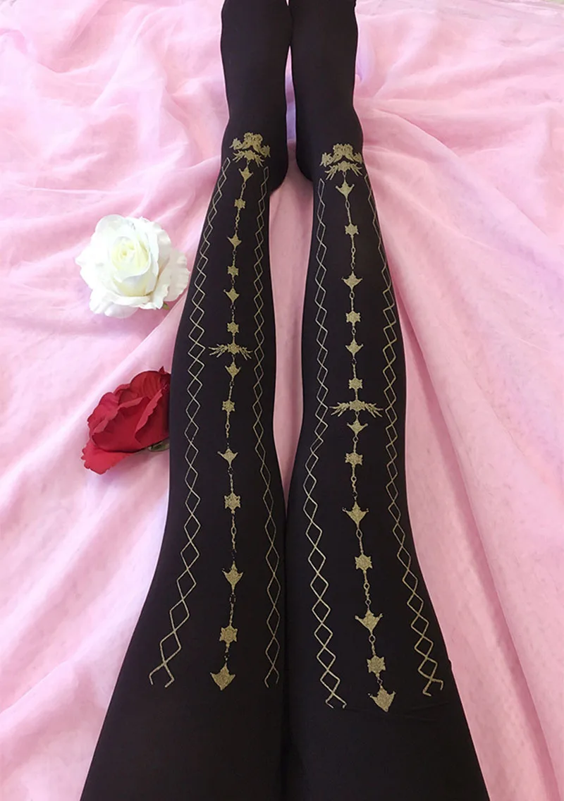 Готические теплые милые бархатные колготки Леггинсы женские винтажные Лолита обтягивающие брюки с золотистым металлическим принтом Викторианский стиль для девушек