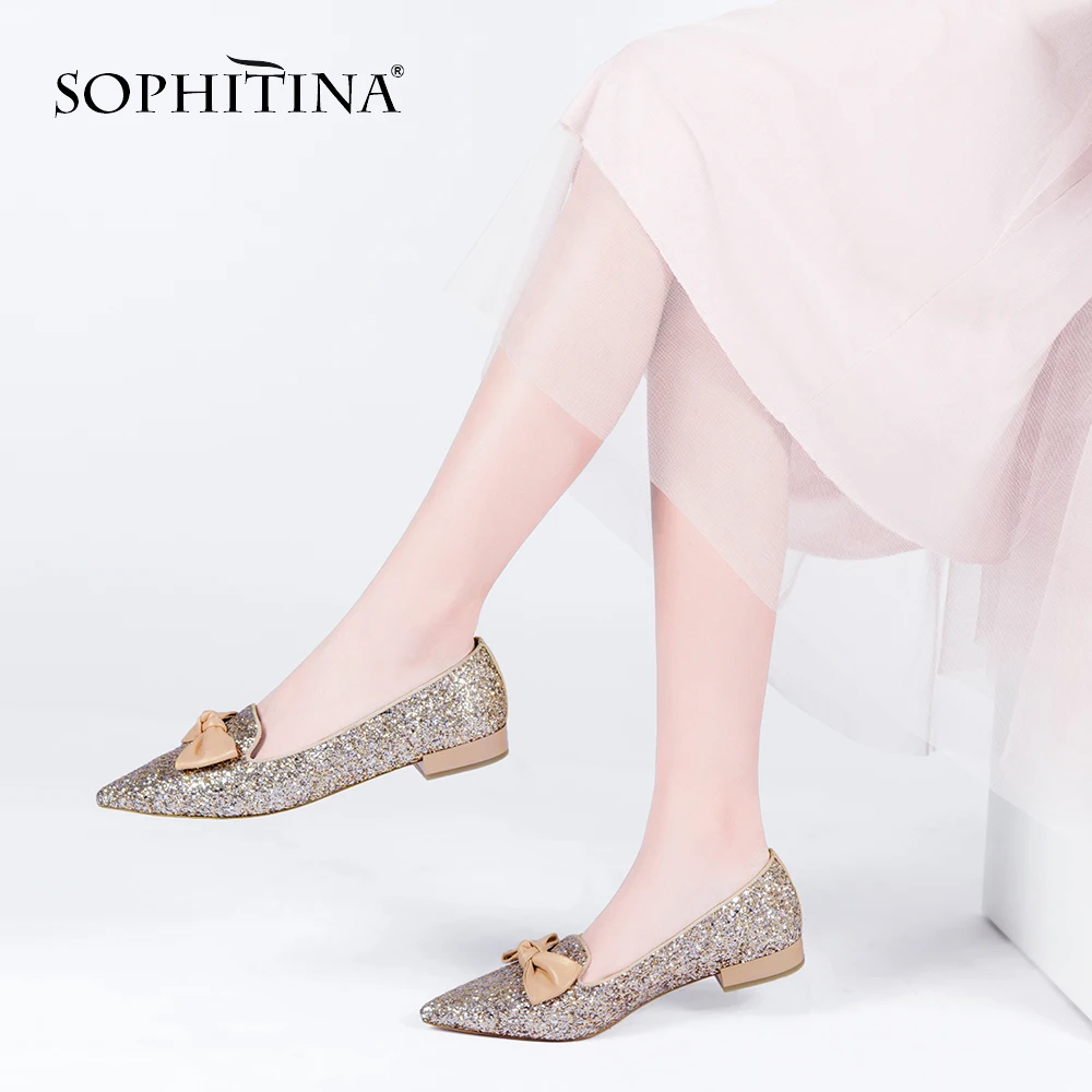 

SOPHITINA Autumn Sheepskin Pumps Fashion Butterfly-knot Sequined Cloth Low Square Heel Shoes Slip-on Handmade Women's pumps A30