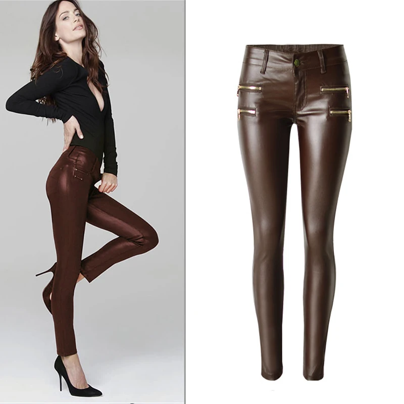 Джинсы, женские джинсы, коричневые штаны из искусственной кожи, женские обтягивающие джинсы для фитнеса с низкой талией, Женские джинсы-Карандаш Стретч