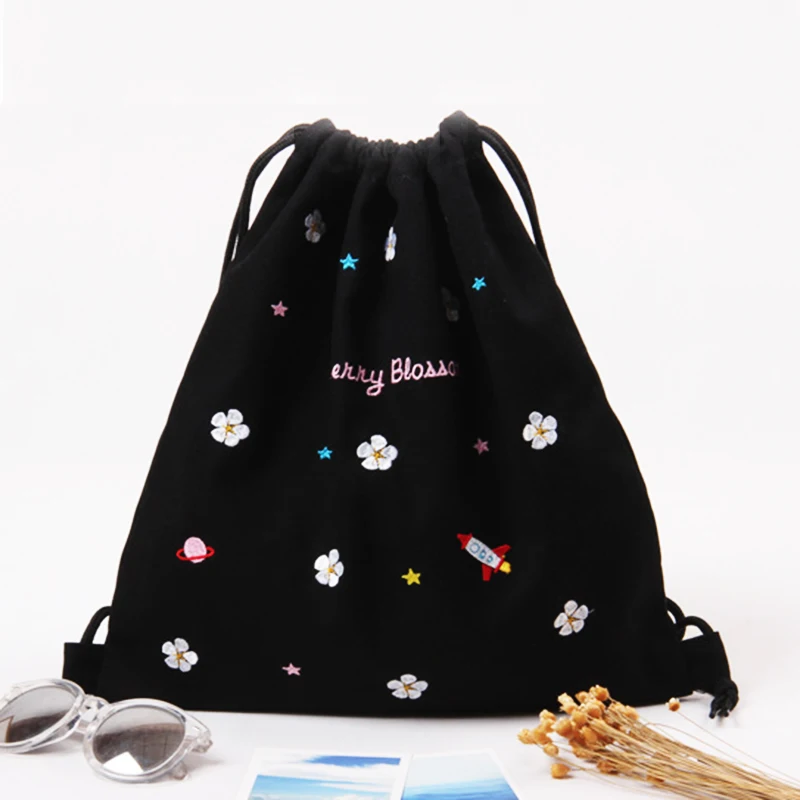 

Embroidery Cotton Canvas Bagpack Women Cute Drawstring Backpack for Book Clothes Shoping Travel Drawstring Bag More Style