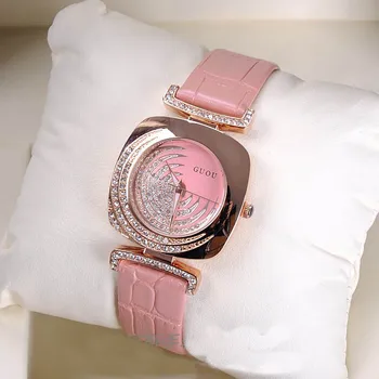 

Fashion Rose Gold Case Bling Crystal White Dial Square Face Leather Band Analog Quartz Dress Women Casual Watch / WK1191