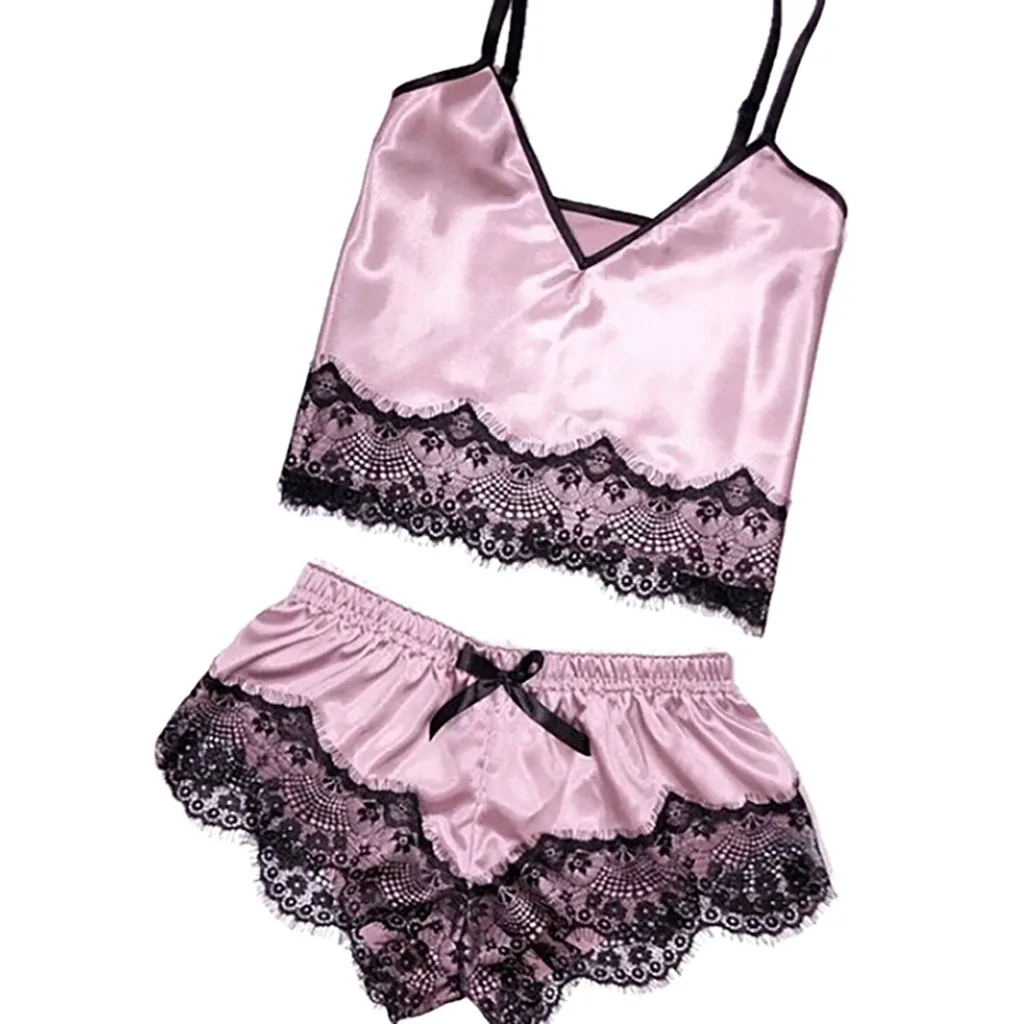Женская сексуальная одежда для сна однотонная Пижама комплект Черная кружевная с v-образным вырезом без рукавов пижамы милые шорты из полиэстера Pijama Mujer ночная рубашка - Цвет: Розовый