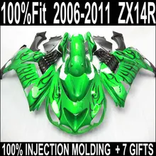 ABS plastic bodywork for Kawasaki zx14r 2006-2011 fairings Ninja ZX14R 06 07 08 09 10 11 fairing set black flames in grass green