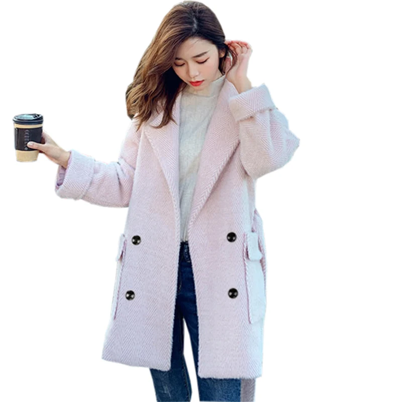Faux rose Femmes gris Hiver Lj2017 Couleur Manteaux long Automne Boutonnage Fourrure Double Outwear De Manteau Moyen Vison Laine Beige Mode Tops Solide KT15Julc3F