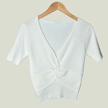 

New Women knitted T-shirt V-neck pleated Tee short-sleeved slim tshirt top ladies T shirtd Femme 2019