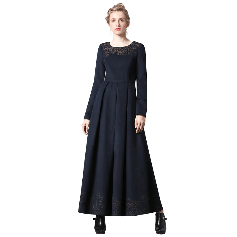 Luxe Herfst Winter Katoen Wol Navy Lange Jurk Borduren Nieuwe Jaar Party Night Avondjurk Maxi Kleding DH1053