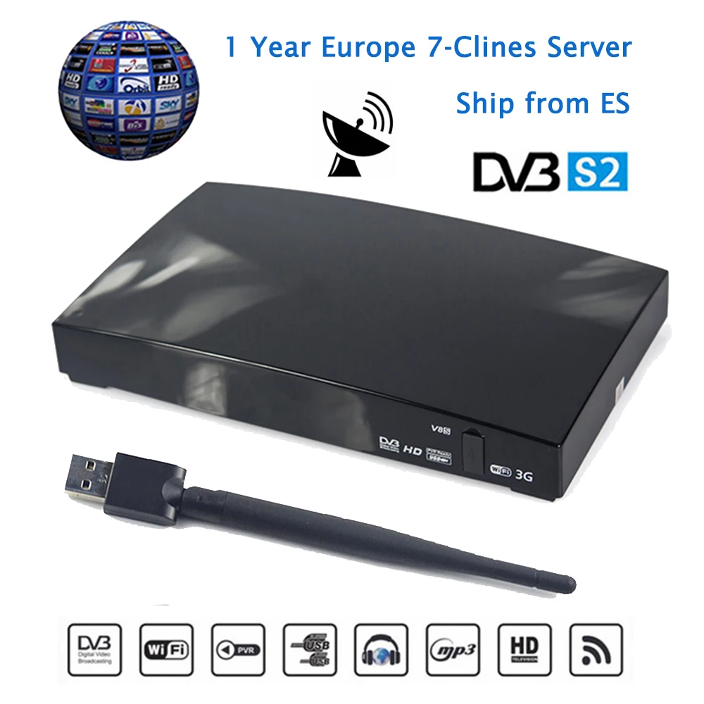 

Europe Clines for 1 Year Spain Germany V8S TV Receiver DVB-S2 Satelite Receptor+USB WIFI Support Youtube Bisskey MPEG-5 WEB TV