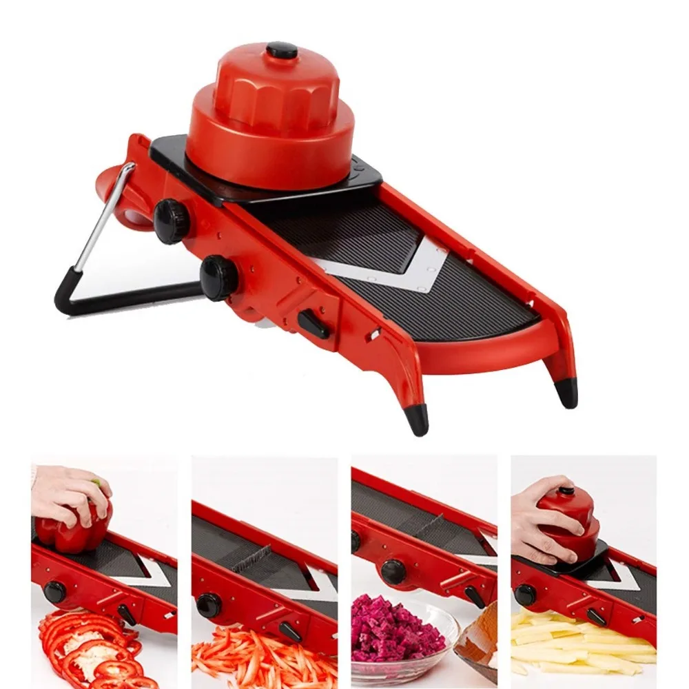 Ajustável V Lâmina Mandoline Vegetal Slicer e Dicer, Vermelho