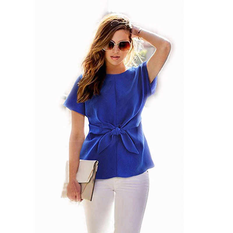 Elegant Women Chiffon Blouse Solid Bow Knot Blouses O Neck Short Sleeve ...