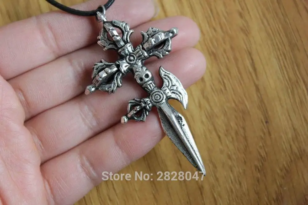 

PN932 Vintage Tibetan Silver Dorje,Buddhist Vajra Men Amulet Pendant Handmade Nepal Cross Dorje Skull Boys Pendant