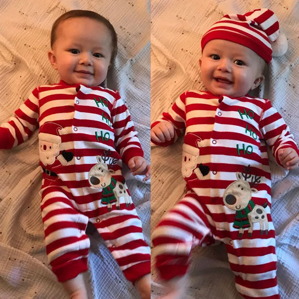 

Newborn baby Girl boy clothes Infant Baby Christmas Long Sleeve Santa Print Striped Jumpsuit Romper+Hat Outfit roupa infantil