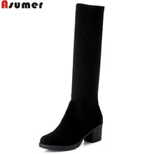 Asumer г. Горячая Распродажа, Новое поступление, женские сапоги модные сапоги до колена простые удобные однотонные женские сапоги, большие размеры 32-43