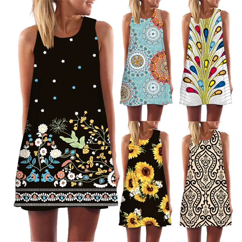 

2019 New Summer Short Beach Dress Women Digital 3D Print Flowers Casual Boho Sundress Sleeveless O-neck A-Line Dresses Vestidos