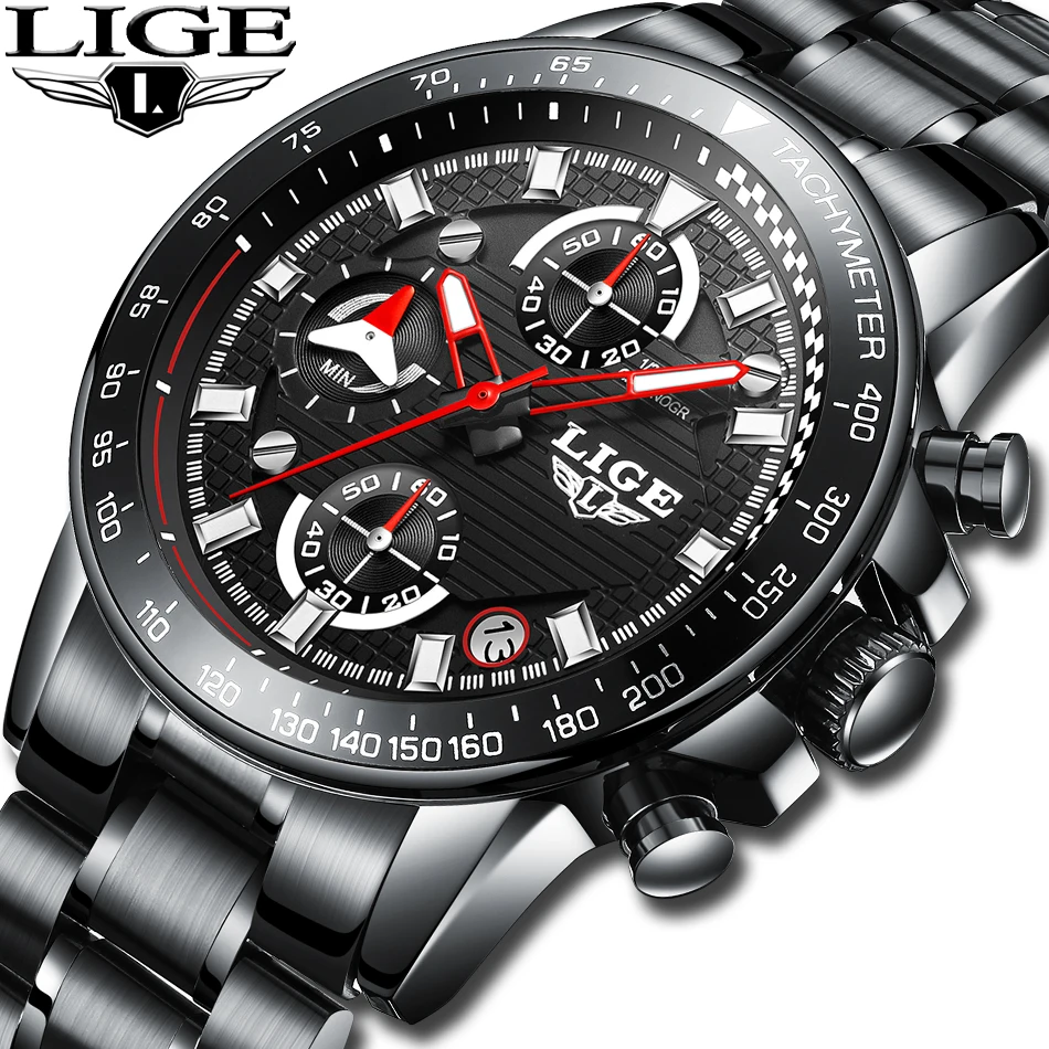 Comprar Relojes LIGE para hombre, marca de lujo, de moda, reloj de cuarzo, reloj deportivo de acero completo, resistente al agua, reloj negro, reloj masculino