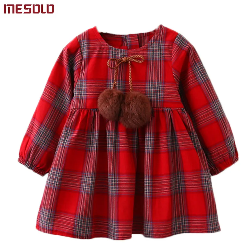 

Girls Dress 2017 New Autumn Brand Girls Clothes England Style Plaid Fur Ball Bow Design Baby Yellow Girls Dress