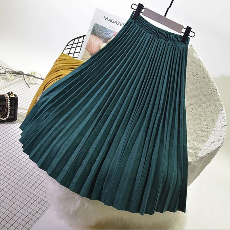 Goede Mid lengte meisje geplooide rok herfst en winter vrouwelijke 2018 hertenleer vrouwen rokken lange rok hoge taille 10 kleuren 1881