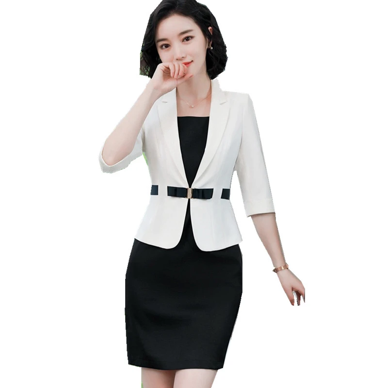 Fmasuth verano otoño Oficina traje para las mujeres 3/4 manga blanco Blazer + vestido negro sin mangas trabajo señora 111NHE881311|Trajes de vestir| - AliExpress