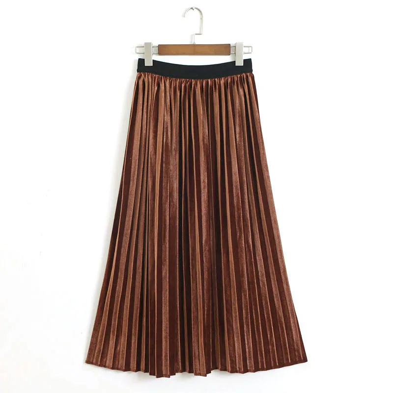

PERHAPS U black brown camel elastic waist midi velvet skirt pleated ruched solid winter autumn casual S0092