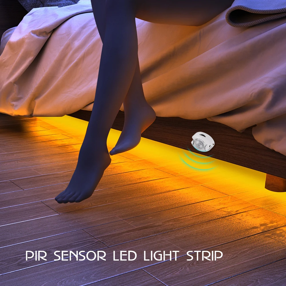 Luz para debajo de la cama, regulable y activada por movimiento, tira LED  de 4.9 pies con sensor de movimiento y adaptador de corriente, luz de noche