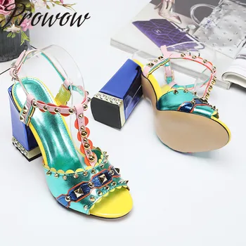 

Prowow New Genuine Leather Mixed Color Summer Sandals Open Toe Metal Studded HIgh Heel Sandals Shoes Women