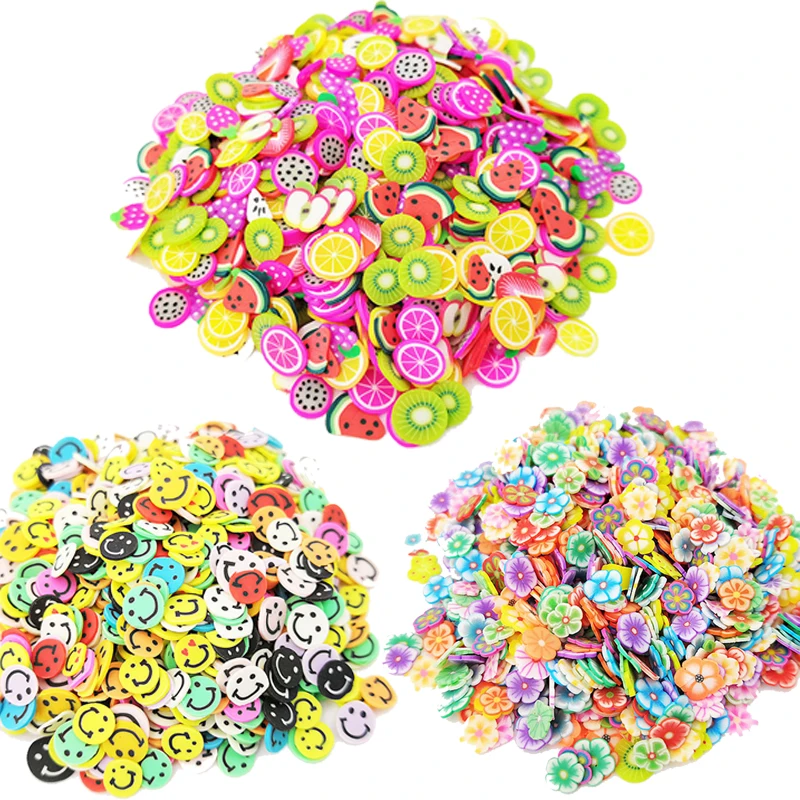 1000Pcs Soft Pottery Slime Fruit Slice Smiley Face Flower Filler Nails Art Tips Slime Fruit For Kids Lizun DIY Slime Accessories