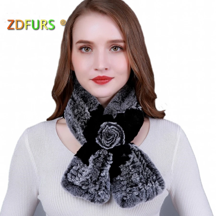 ZDFURS * Lovely Women Real Rex Rabbit Fur Scarves Rose...