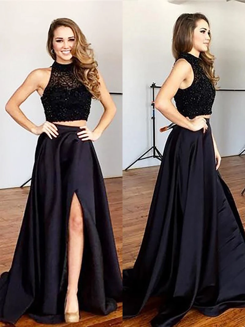 

Black Two Pieces Evening Dresses 2019 Halter Neck Sleeveless Lace Prom Gowns With Beaed Long Satin Split Formal Dobe De Soiree