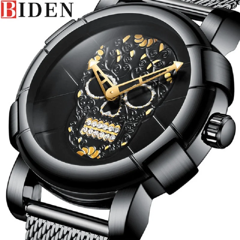 

BIDEN Men Watch Top Brand Luxury Sport Mens Watches Skull Pattern Stainless Steel Army Business Fashion Quartz Male Clock