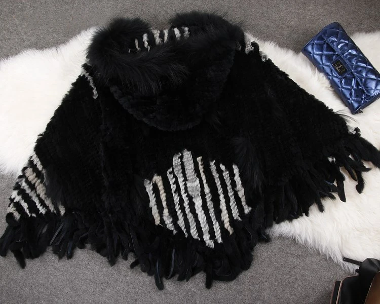 Sale 2014  Real Rabbit Fur Knitted Shawl With Hood  Raccoon Fur Poncho Fur Cape  BE1438 EMS Free Shipping 2