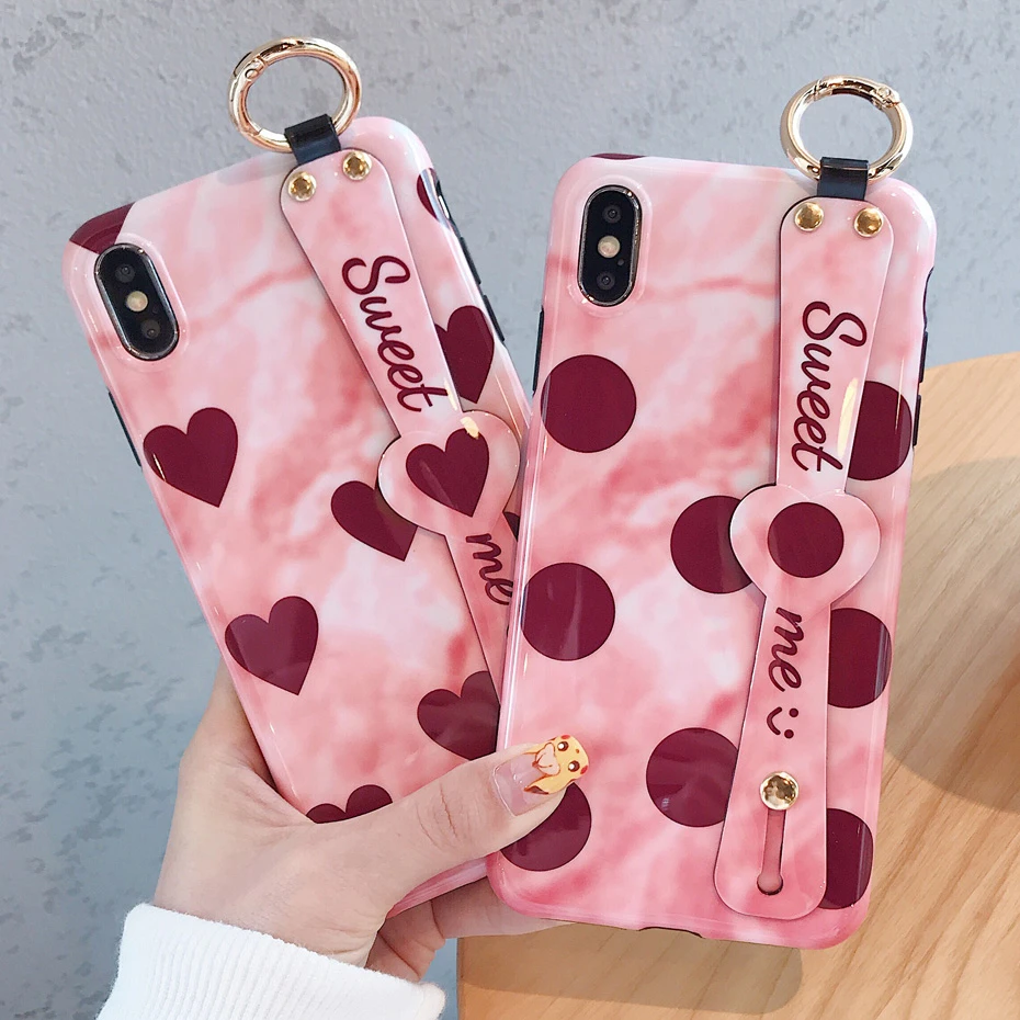 

Case for iPhone XR XS Max X Luxury Love Heart Polka Dot Cute Wrist Strap Phone Cover for iPhone 7 8 6S 6 Plus Case Coque Funda