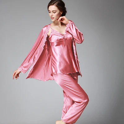 Owiter шелковые пижамы для сна комплект из 3 предметов пижамный комплект Для женщин сексуальное кружевное нижнее белье для женщин халаты для невесты, ижама, лаунж-бельё