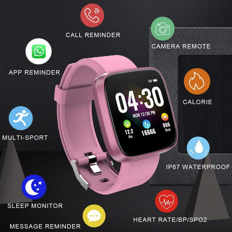

Toleda B9 square shape black/pink color fitness tracker with heart rate blood pressure SPO2 monitor waterproof IP67