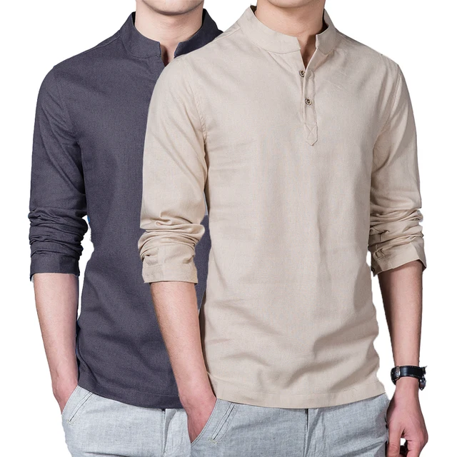 New Spring Summer Casual Men Linen Shirt Long Sleeve Solid V Neck ...