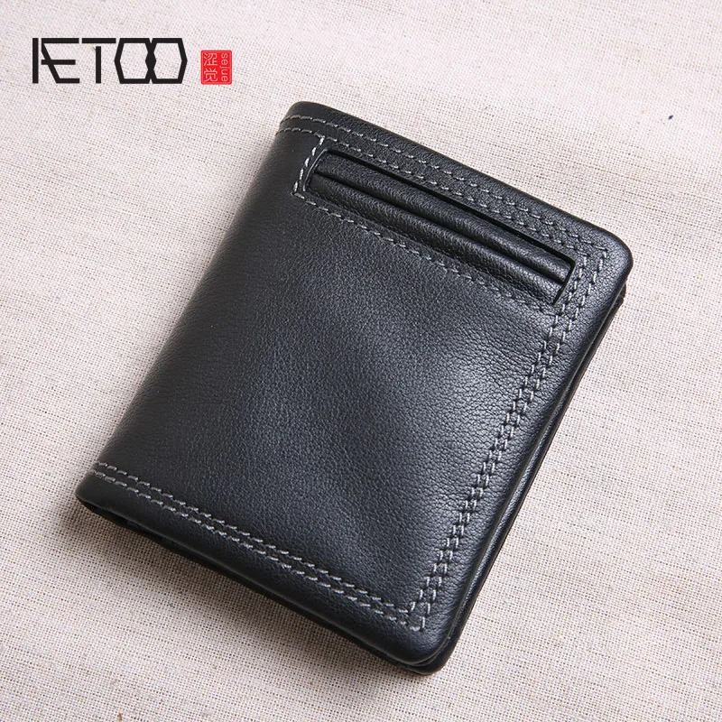 

AETOO Leather wallet male short zipper vertical tide personality youth head layer leather wallet men's wallet genuine