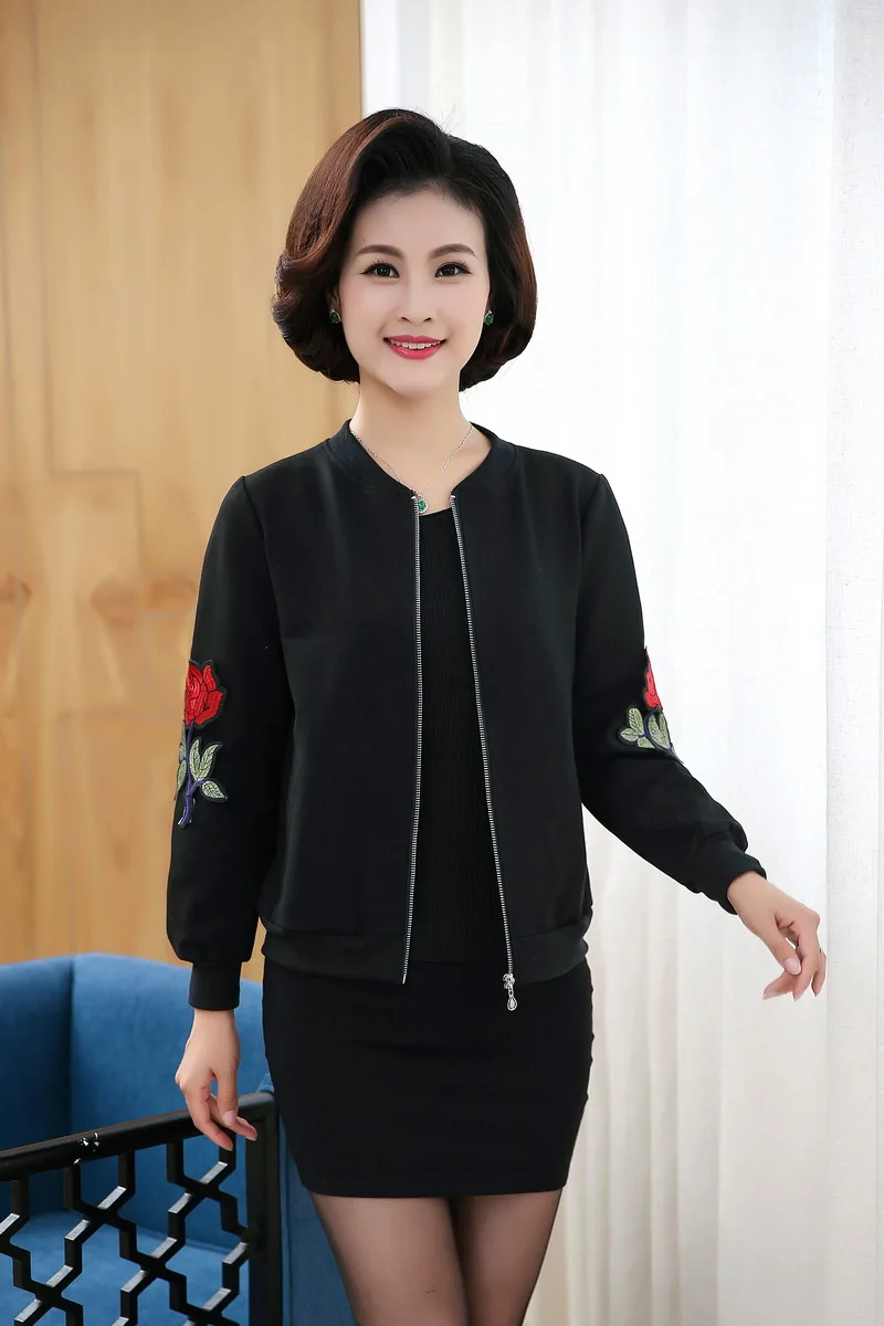 WAEOLSA Womens Casual Bomber Jacket Middle Aged Woman Black Short Coat Embroidery Outerwear Autumn Mother Jacket Zipper Front (16)
