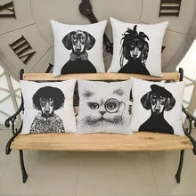 Vintage negro y blanco perro gato Animal cojín almohada fresco hombre decoración hogar habitación sofá silla Lino cojines