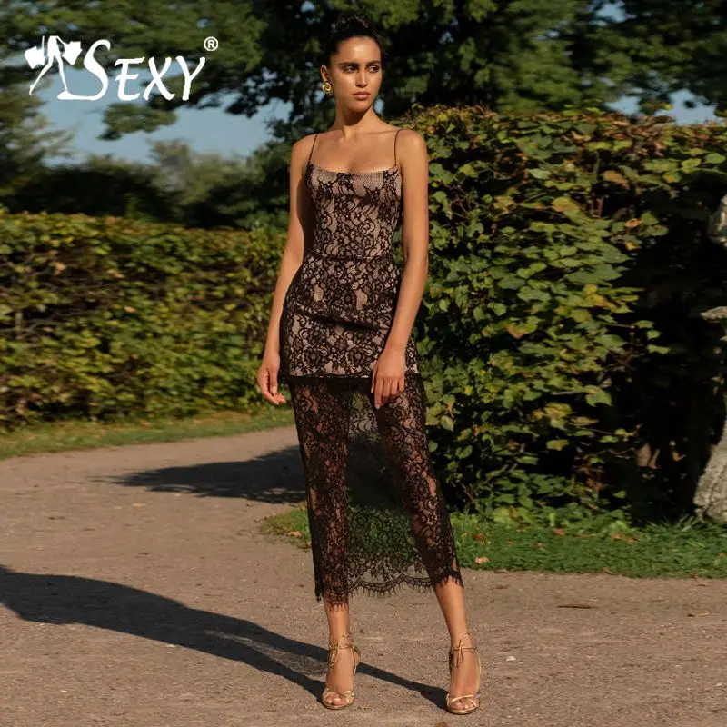 

Gosexy 2019 New Lace Spaghetti Straps Sexy Bandage Mesh Midi Dress Party Women Clubwear Bodycon Dress