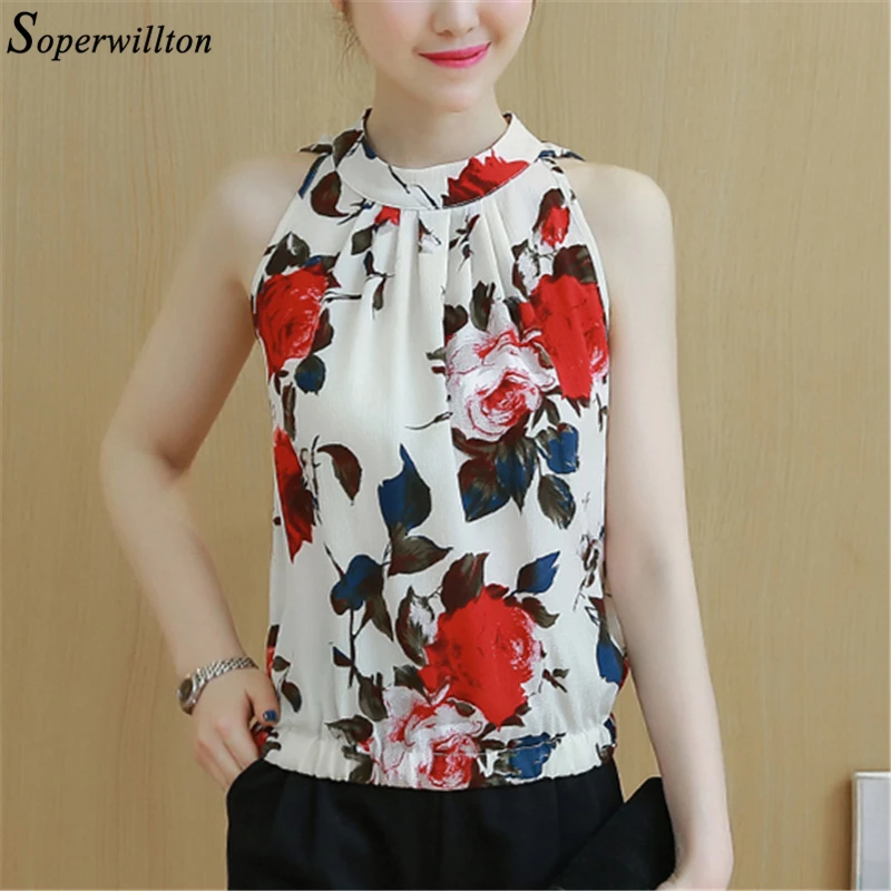 

2019 Summer Tops Flower Chiffon Blouse Women Sleeveless Tops Shirts Sexy Floral Halter Large Size Blouses Ladies Blusas Femaine