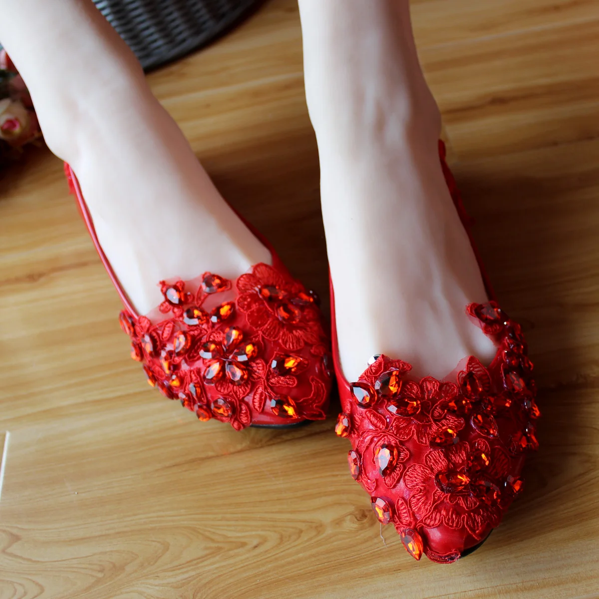 red flat heel shoes