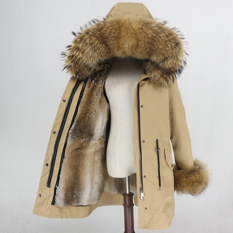 OFTBUY Long Waterproof Parka Real Fur Coat Natural Fur Collar Hood Winter Jacket Women Rabbit Fur Liner Thick Warm Detachable - Цвет: brown natural