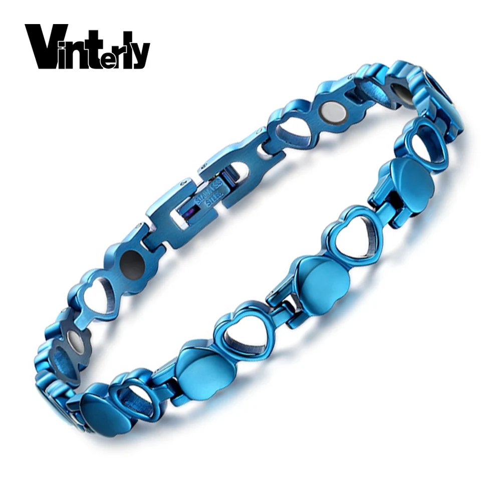 

Vinterly Heart Design Chain Link Blue Stainless Steel Health Energy Germanium Bio Magnetic Bracelets Bangles for Women Jewelry